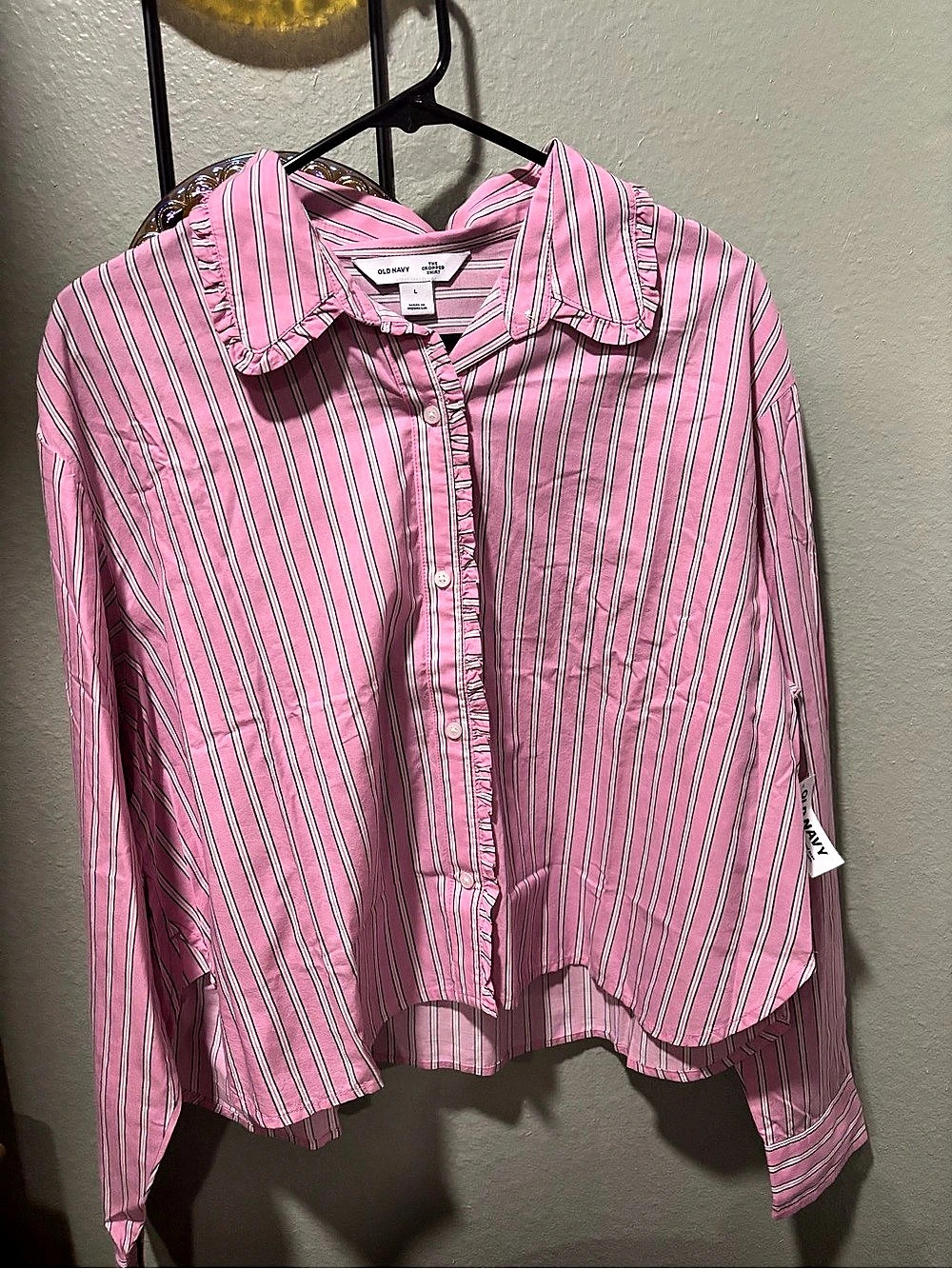 Old Navy The Cropped Shirt Striped Cropped Shirt in Pink & White Size Large